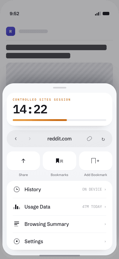 Sundial Browser session panel with time remaining, history and usage data