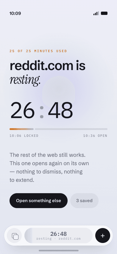 Sundial Browser resting screen counting down until the site reopens